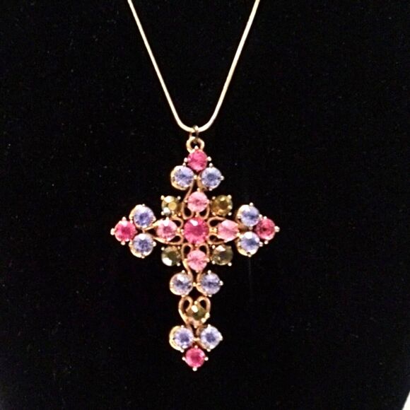Vintage Pastel Rhinestone Gold Tone Cross Pendant Necklace – 32” Chain - Picture 4 of 6